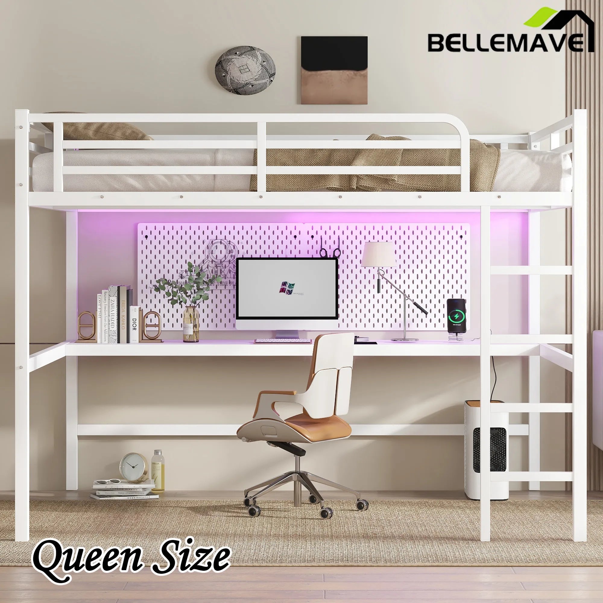 Bellemave® Queen Size Metal Loft Bed with Power Outlet and LED Lighted - Bellemave