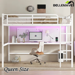 Bellemave® Queen Size Metal Loft Bed with Power Outlet and LED Lighted - Bellemave
