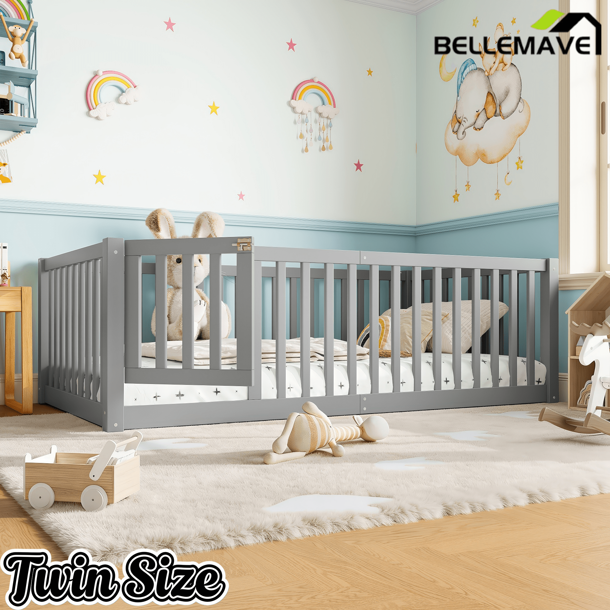 Bellemave® Queen Size Montessori Floor Bed, Pine,Plywood Floor Bed with Small Door, White - Bellemave