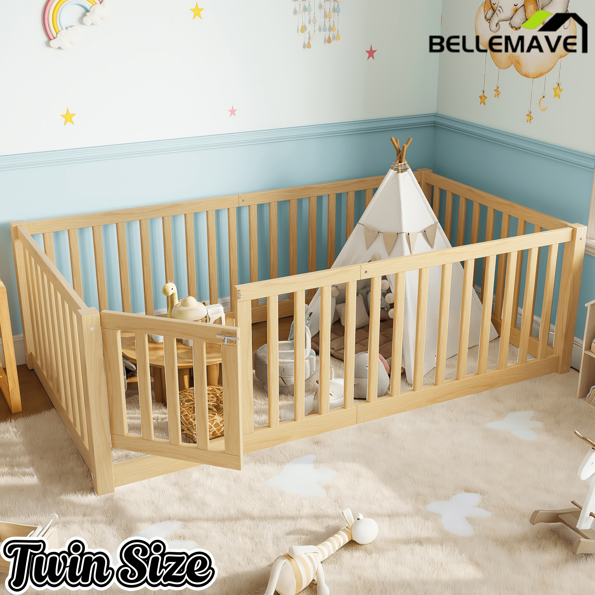 Bellemave® Queen Size Montessori Floor Bed, Pine,Plywood Floor Bed with Small Door, White - Bellemave