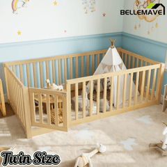 Bellemave® Queen Size Montessori Floor Bed, Pine,Plywood Floor Bed with Small Door, White - Bellemave