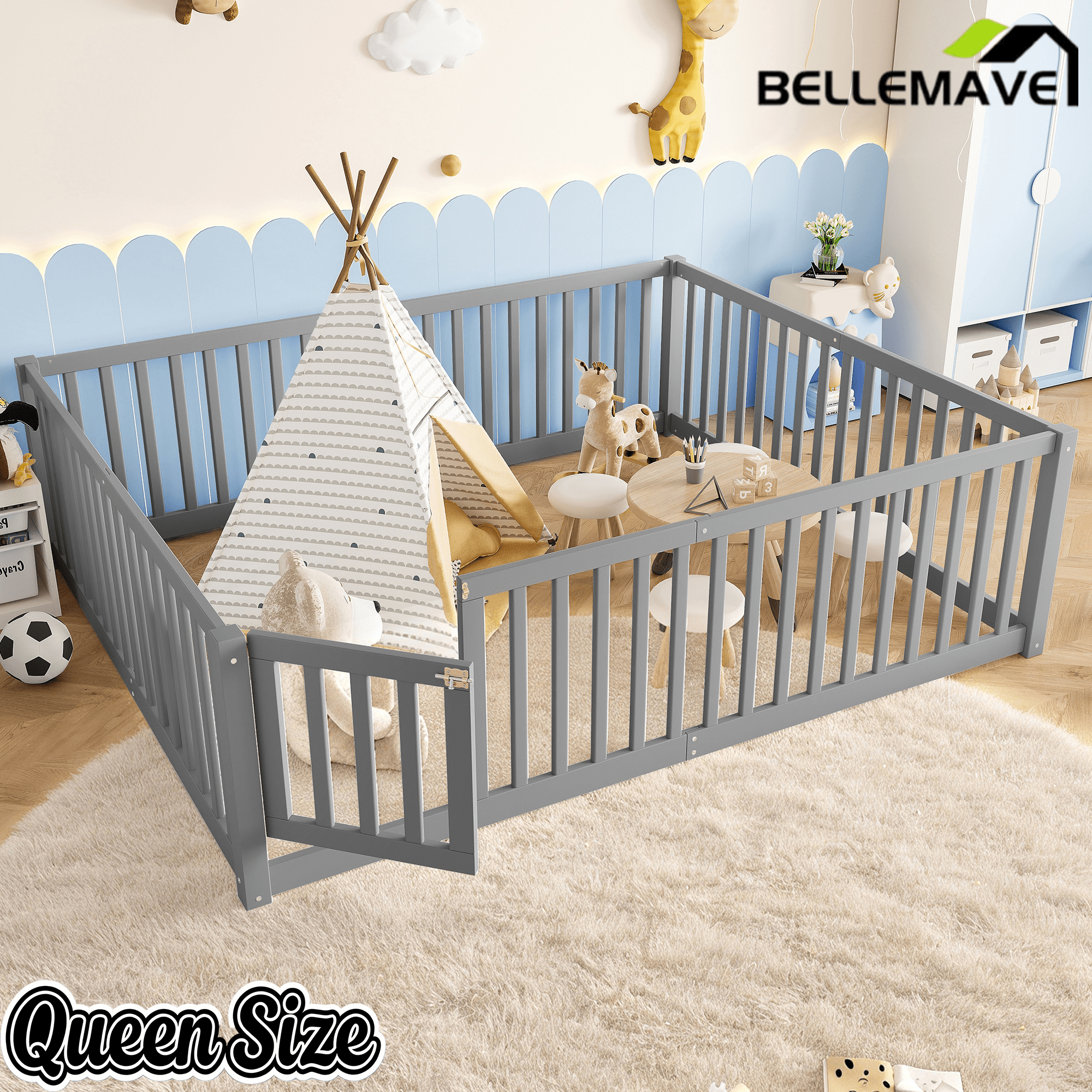 Bellemave® Queen Size Montessori Floor Bed, Pine,Plywood Floor Bed with Small Door, White - Bellemave