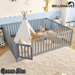 Bellemave® Queen Size Montessori Floor Bed, Pine,Plywood Floor Bed with Small Door, White - Bellemave