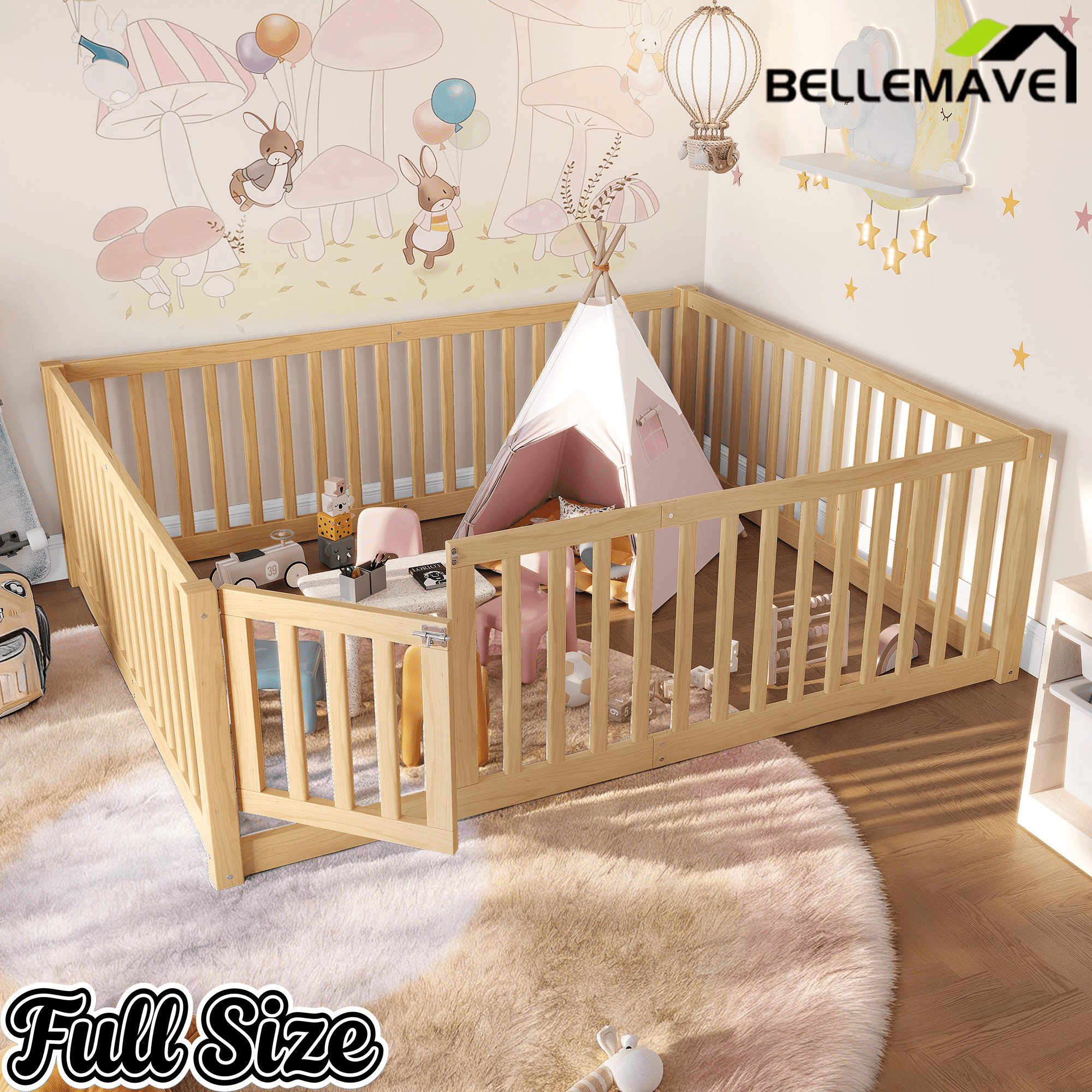 Bellemave® Queen Size Montessori Floor Bed, Pine,Plywood Floor Bed with Small Door, White - Bellemave