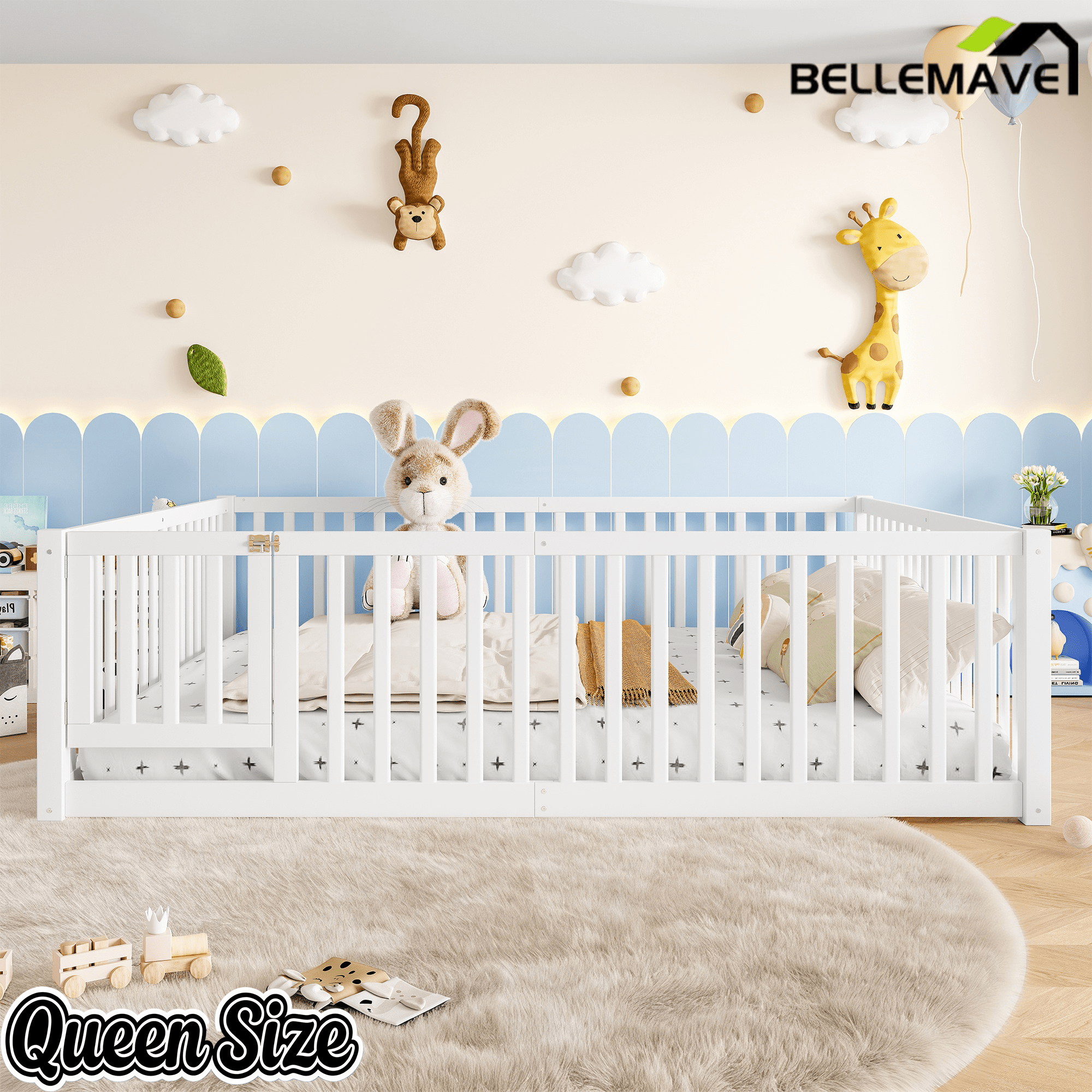 Bellemave® Queen Size Montessori Floor Bed, Pine,Plywood Floor Bed with Small Door, White - Bellemave