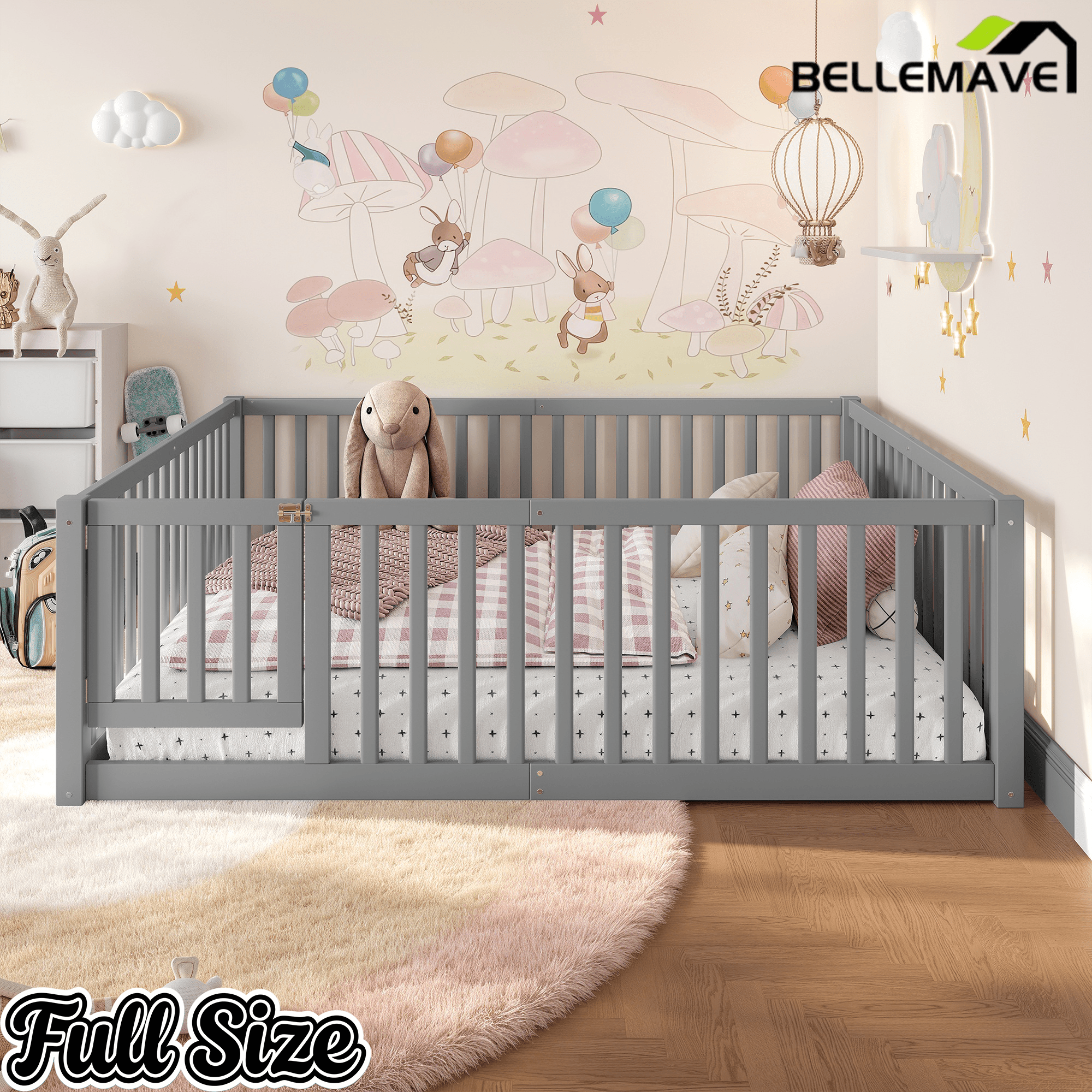 Bellemave® Queen Size Montessori Floor Bed, Pine,Plywood Floor Bed with Small Door, White - Bellemave