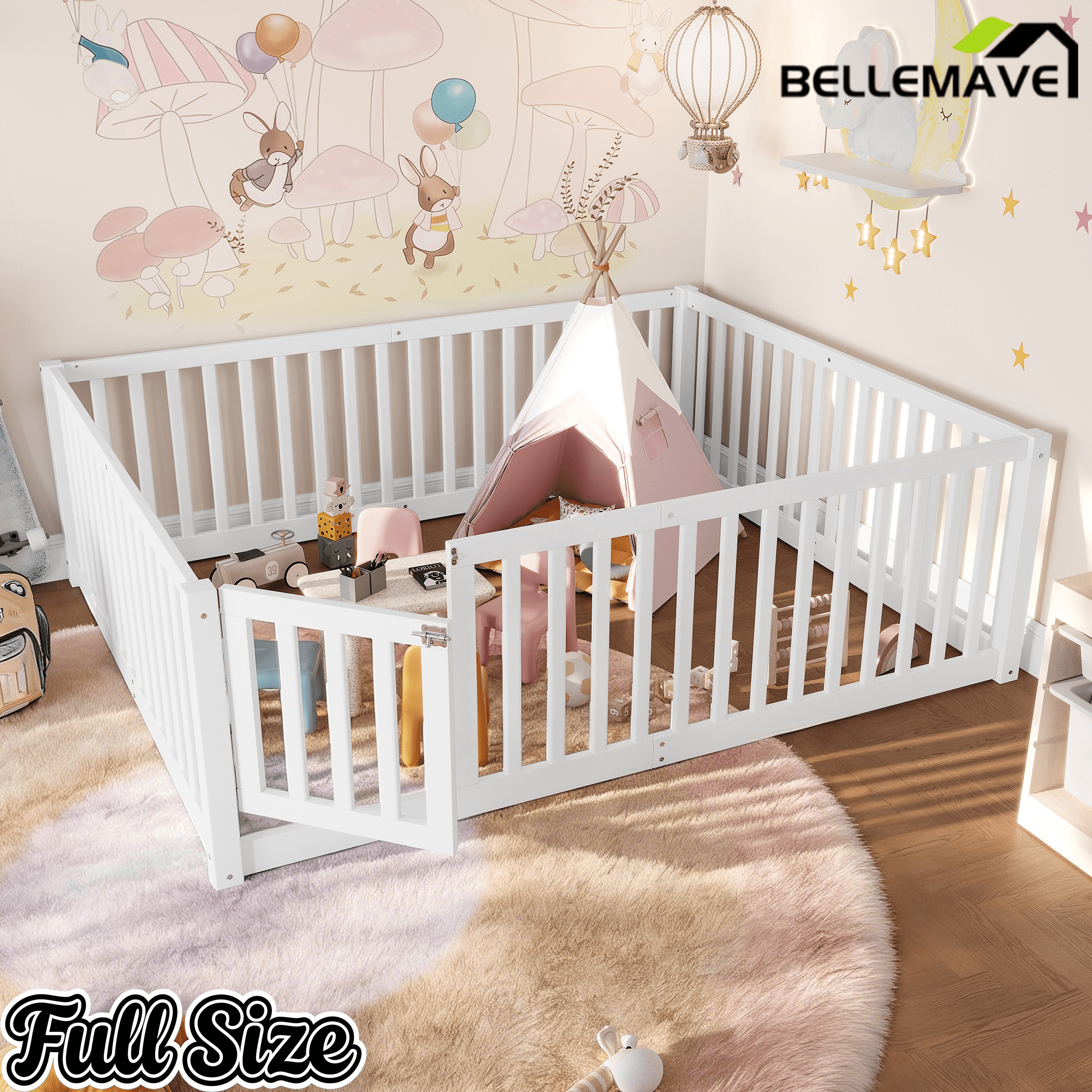 Bellemave® Queen Size Montessori Floor Bed, Pine,Plywood Floor Bed with Small Door, White - Bellemave