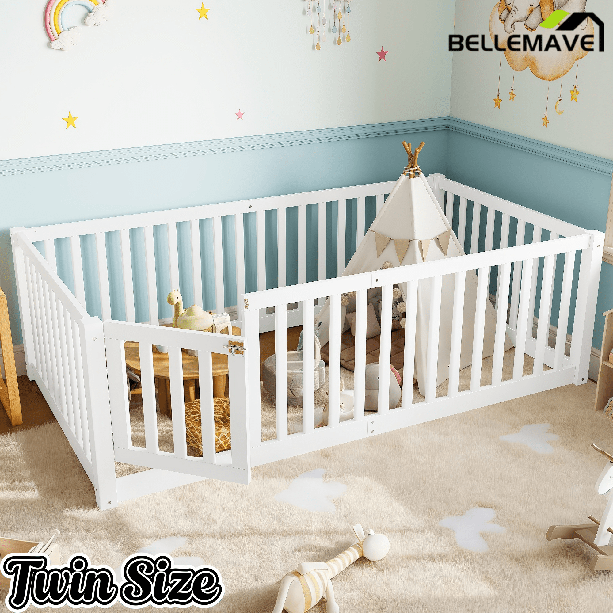 Bellemave® Queen Size Montessori Floor Bed, Pine,Plywood Floor Bed with Small Door, White - Bellemave