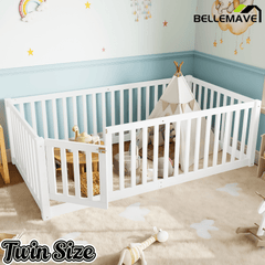 Bellemave® Queen Size Montessori Floor Bed, Pine,Plywood Floor Bed with Small Door, White - Bellemave