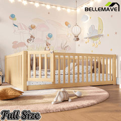 Bellemave® Queen Size Montessori Floor Bed, Pine,Plywood Floor Bed with Small Door, White - Bellemave