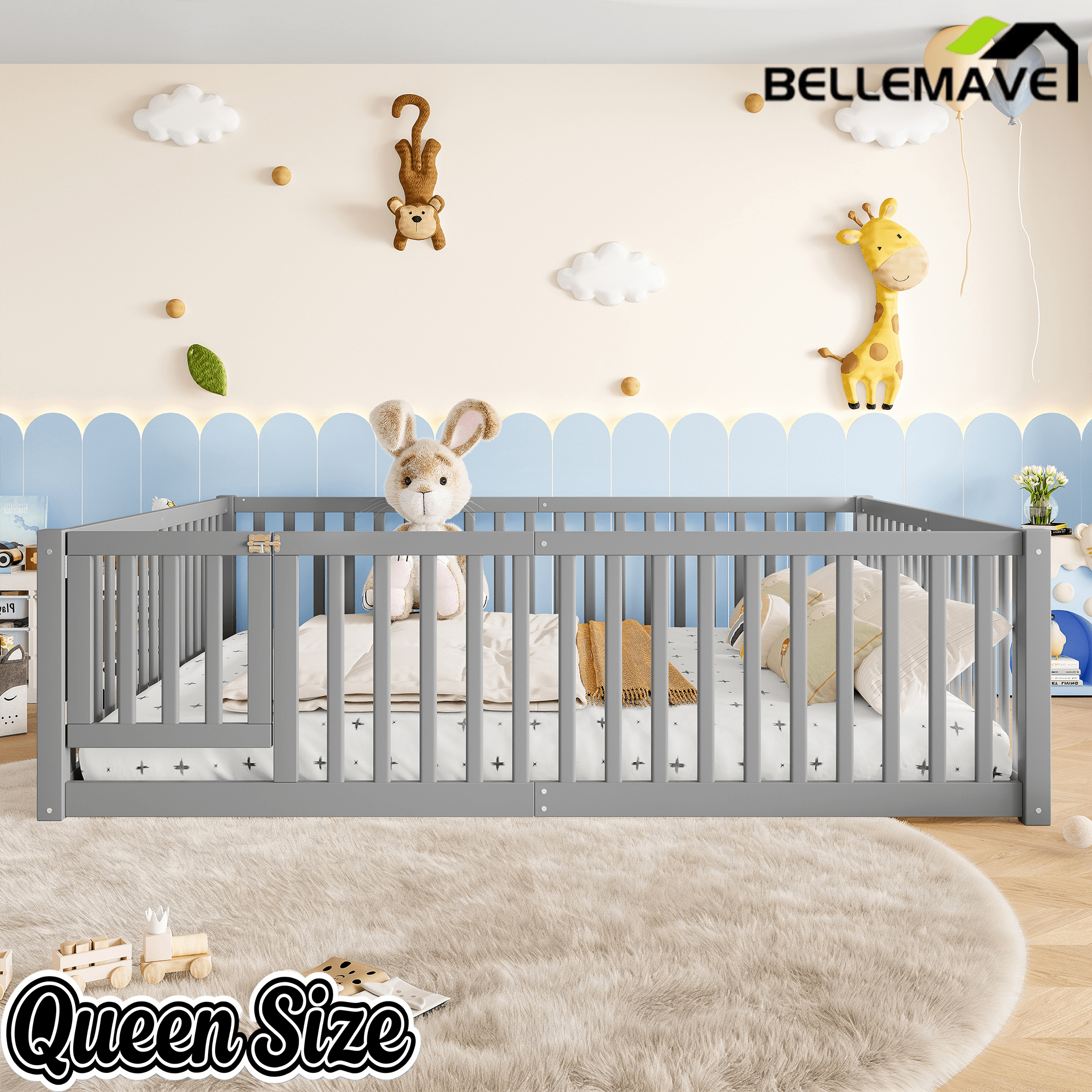 Bellemave® Queen Size Montessori Floor Bed, Pine,Plywood Floor Bed with Small Door, White - Bellemave