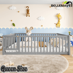 Bellemave® Queen Size Montessori Floor Bed, Pine,Plywood Floor Bed with Small Door, White - Bellemave