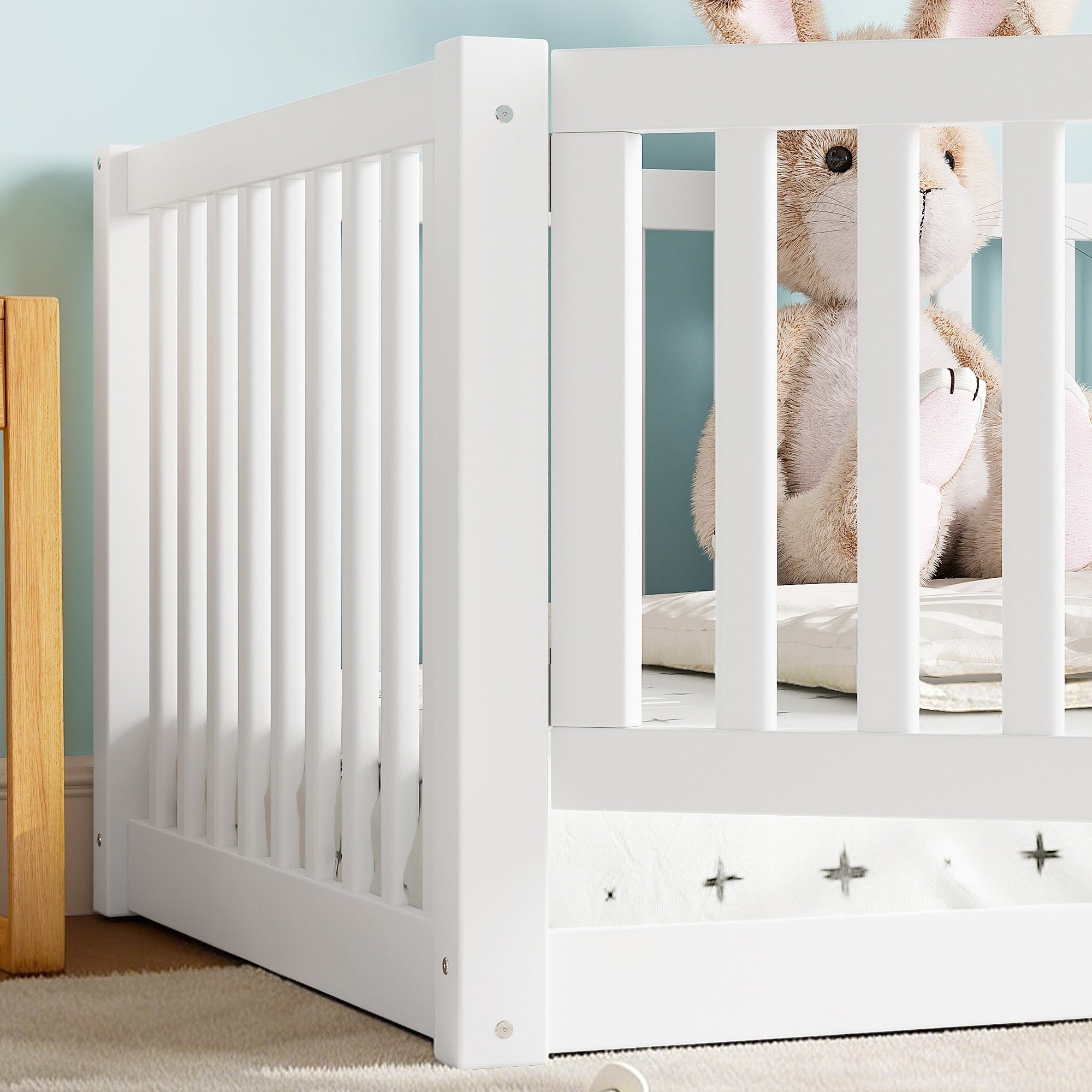 Bellemave® Queen Size Montessori Floor Bed, Pine,Plywood Floor Bed with Small Door, White - Bellemave