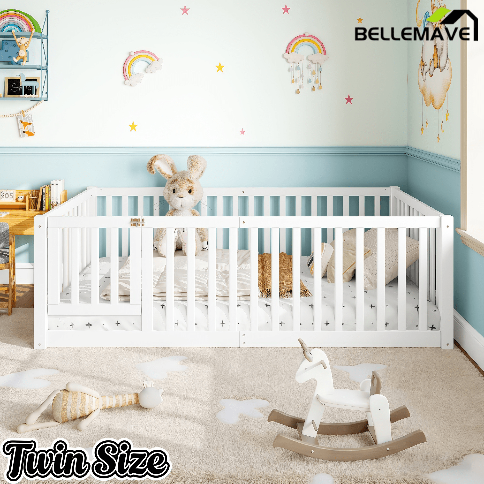 Bellemave® Queen Size Montessori Floor Bed, Pine,Plywood Floor Bed with Small Door, White - Bellemave