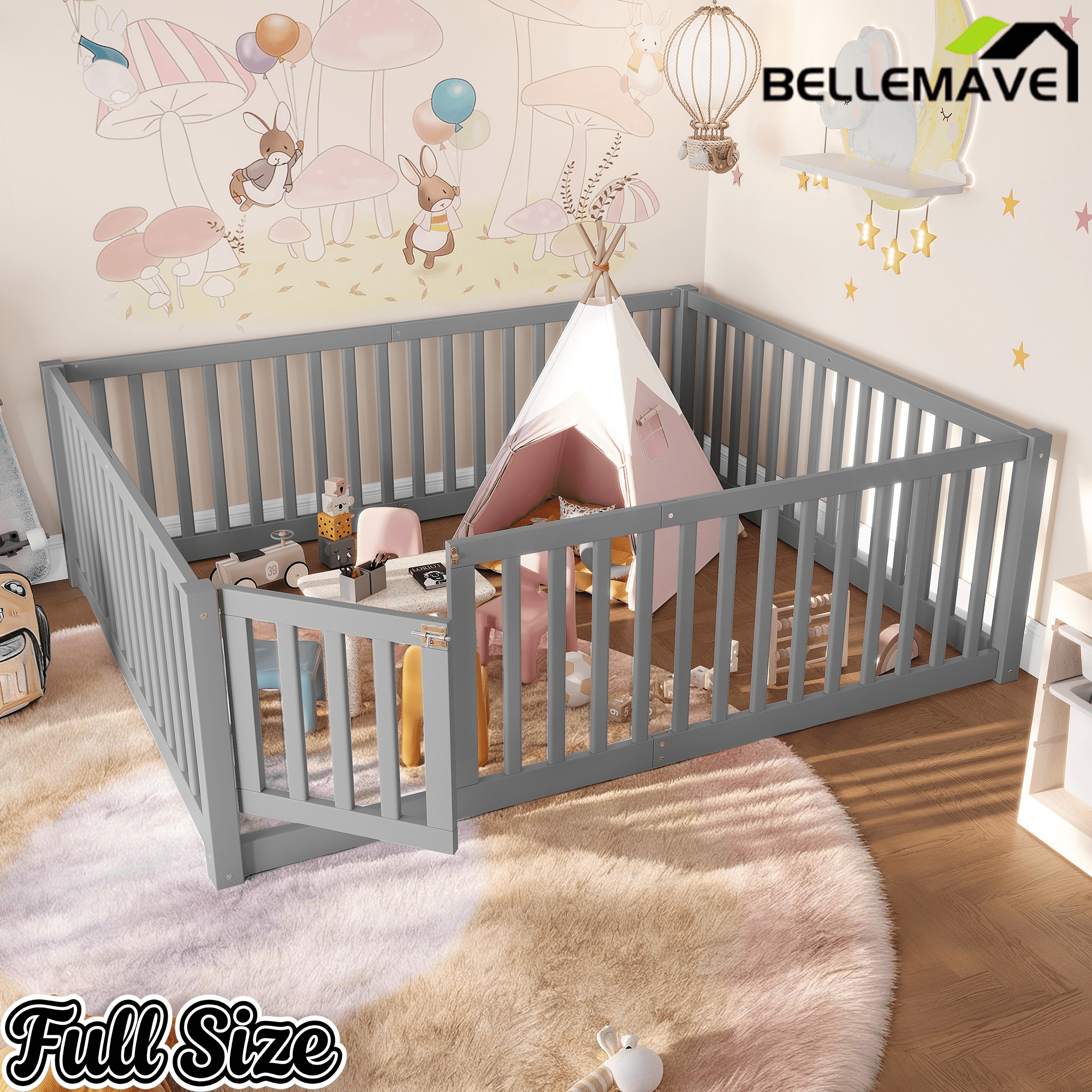 Bellemave® Queen Size Montessori Floor Bed, Pine,Plywood Floor Bed with Small Door, White - Bellemave