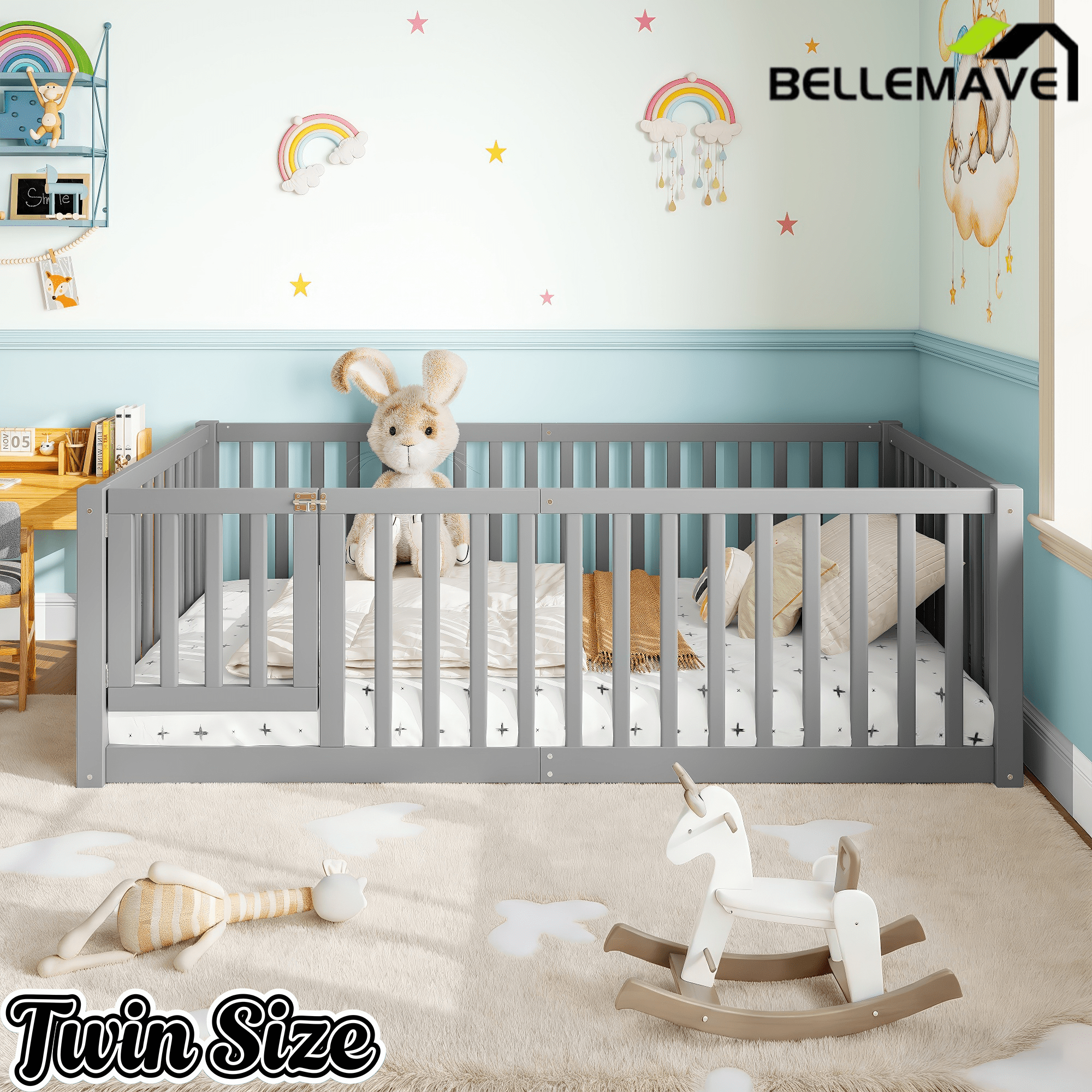 Bellemave® Queen Size Montessori Floor Bed, Pine,Plywood Floor Bed with Small Door, White - Bellemave