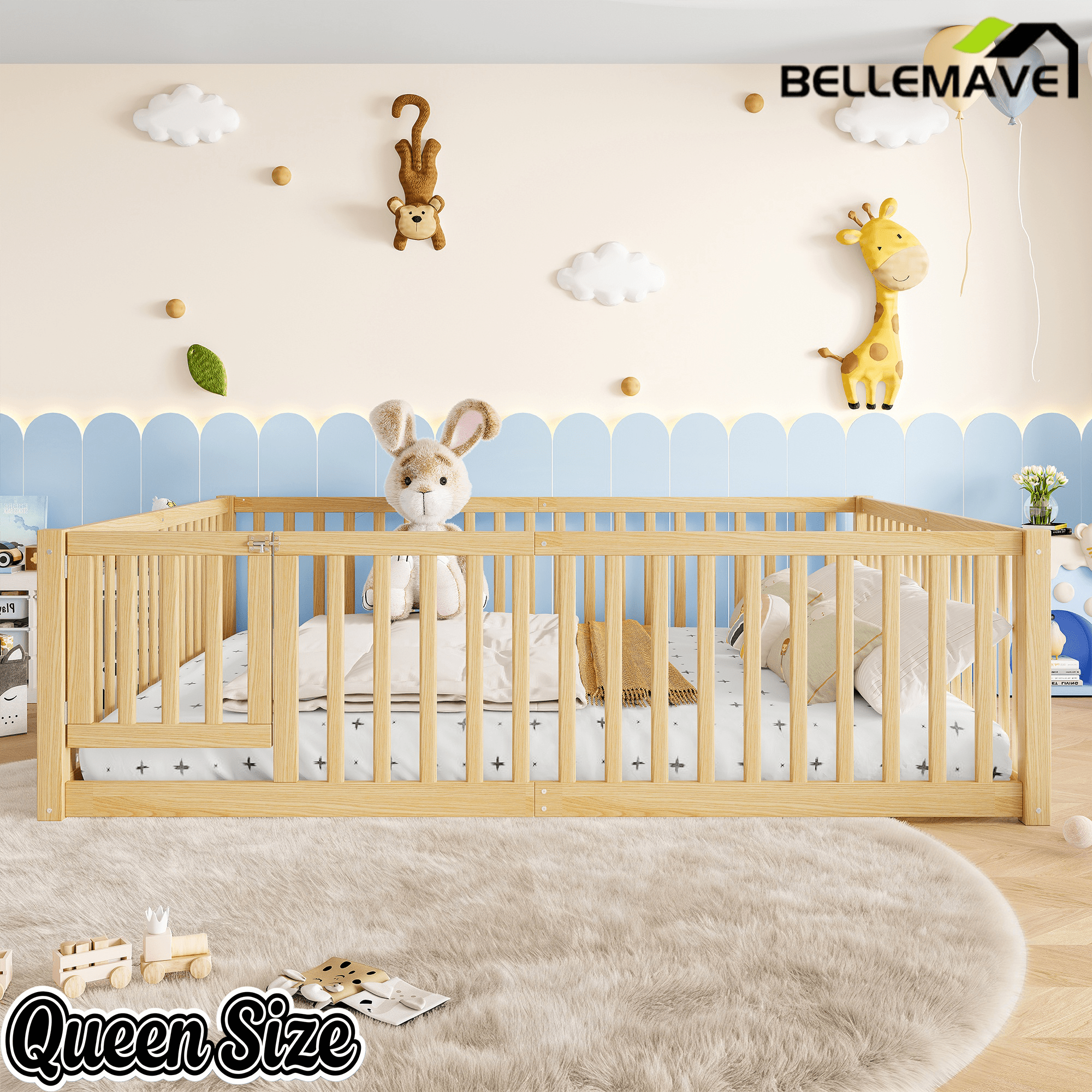 Bellemave® Queen Size Montessori Floor Bed, Pine,Plywood Floor Bed with Small Door, White - Bellemave