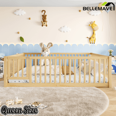 Bellemave® Queen Size Montessori Floor Bed, Pine,Plywood Floor Bed with Small Door, White - Bellemave