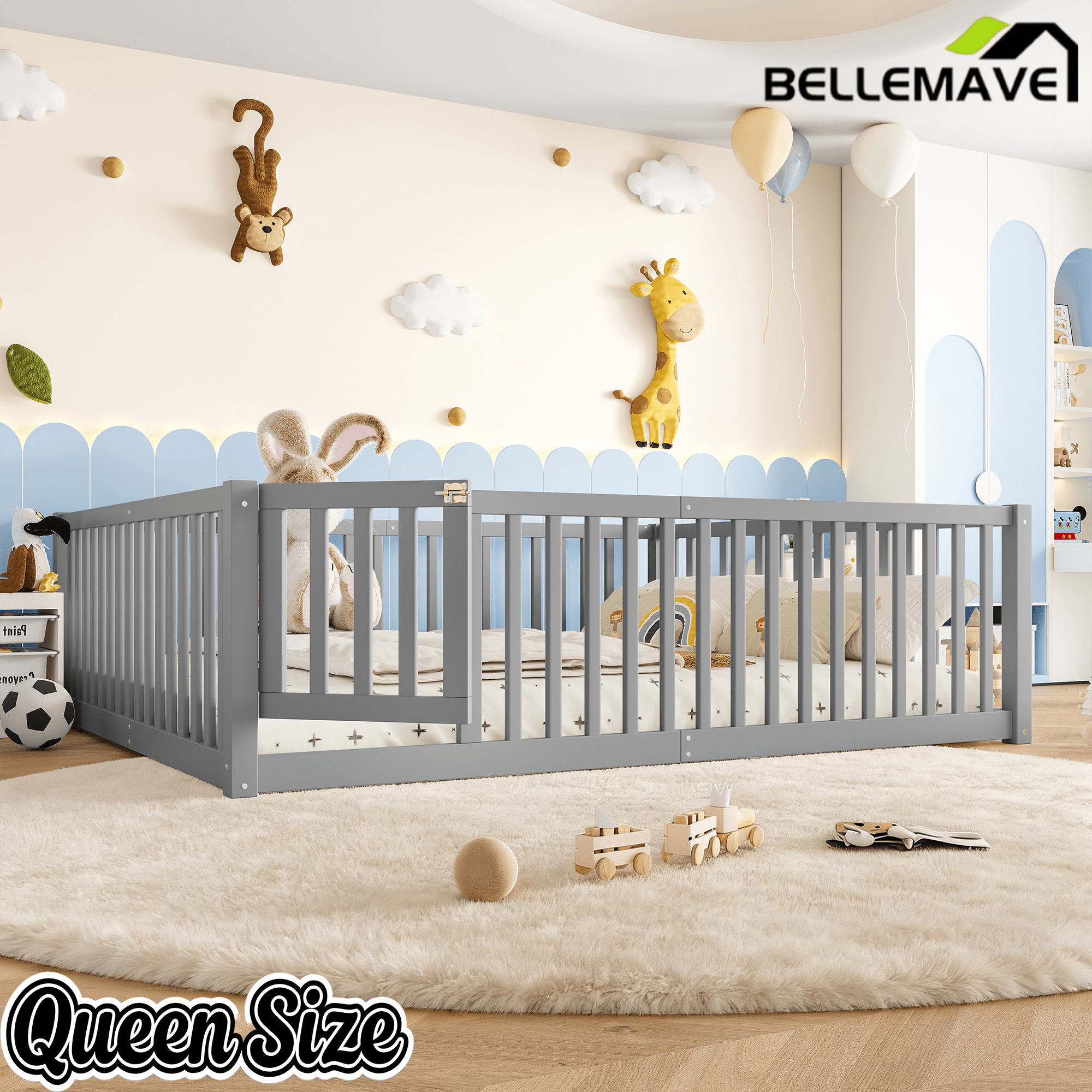 Bellemave® Queen Size Montessori Floor Bed, Pine,Plywood Floor Bed with Small Door, White - Bellemave