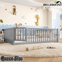 Bellemave® Queen Size Montessori Floor Bed, Pine,Plywood Floor Bed with Small Door, White - Bellemave