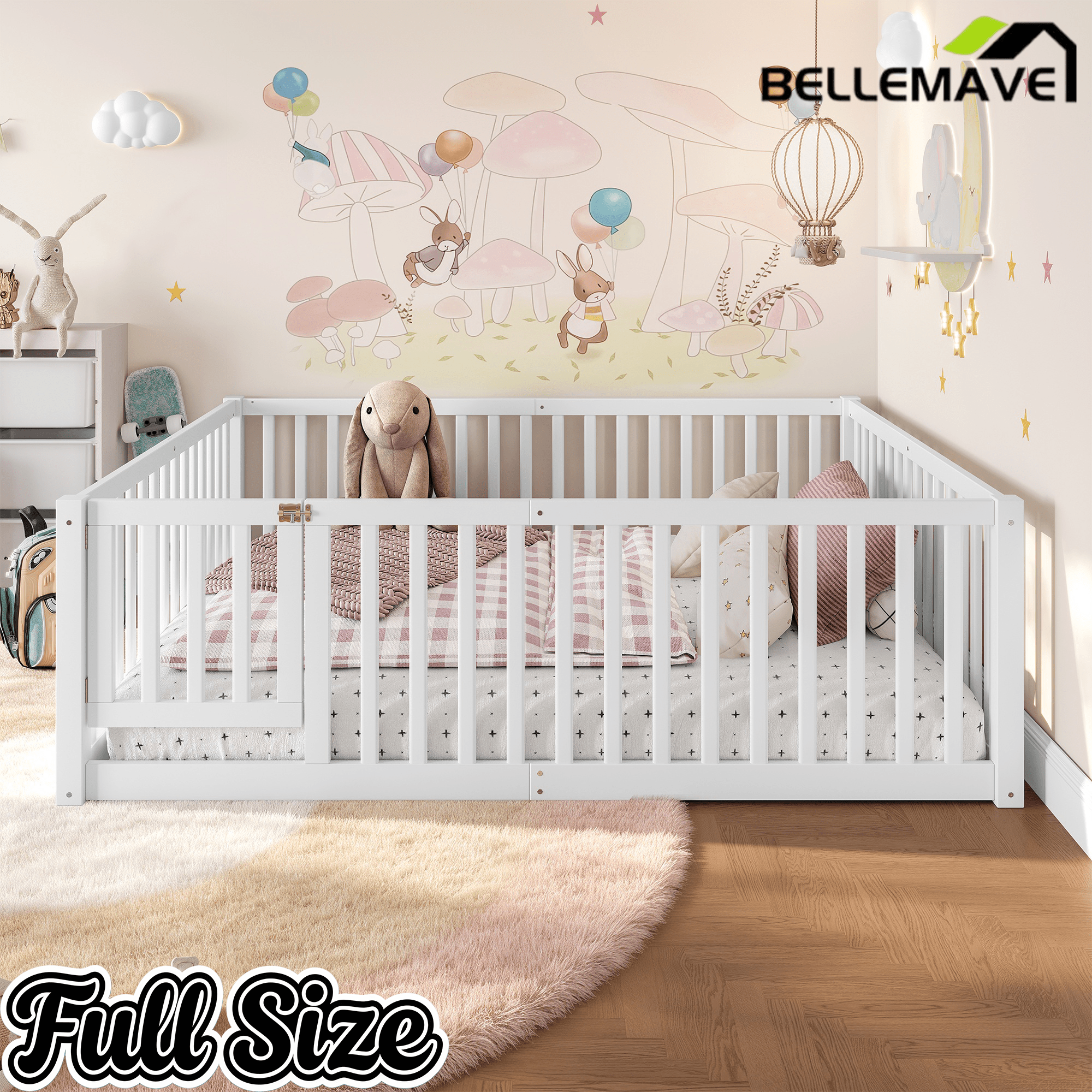 Bellemave® Queen Size Montessori Floor Bed, Pine,Plywood Floor Bed with Small Door, White - Bellemave