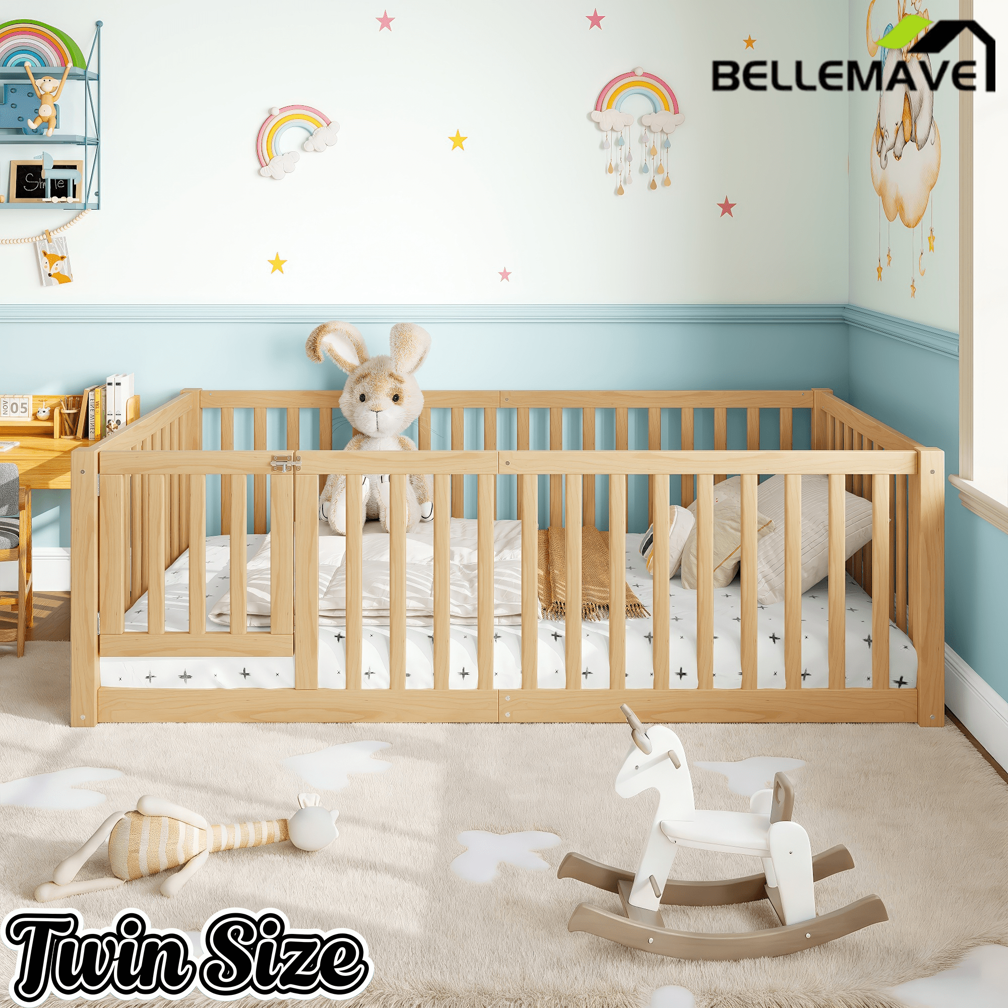 Bellemave® Queen Size Montessori Floor Bed, Pine,Plywood Floor Bed with Small Door, White - Bellemave