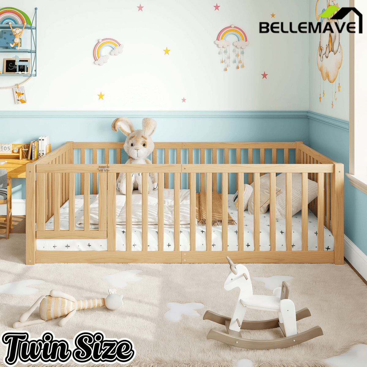 Bellemave® Queen Size Montessori Floor Bed, Pine,Plywood Floor Bed with Small Door, White - Bellemave
