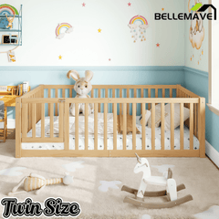 Bellemave® Queen Size Montessori Floor Bed, Pine,Plywood Floor Bed with Small Door, White - Bellemave