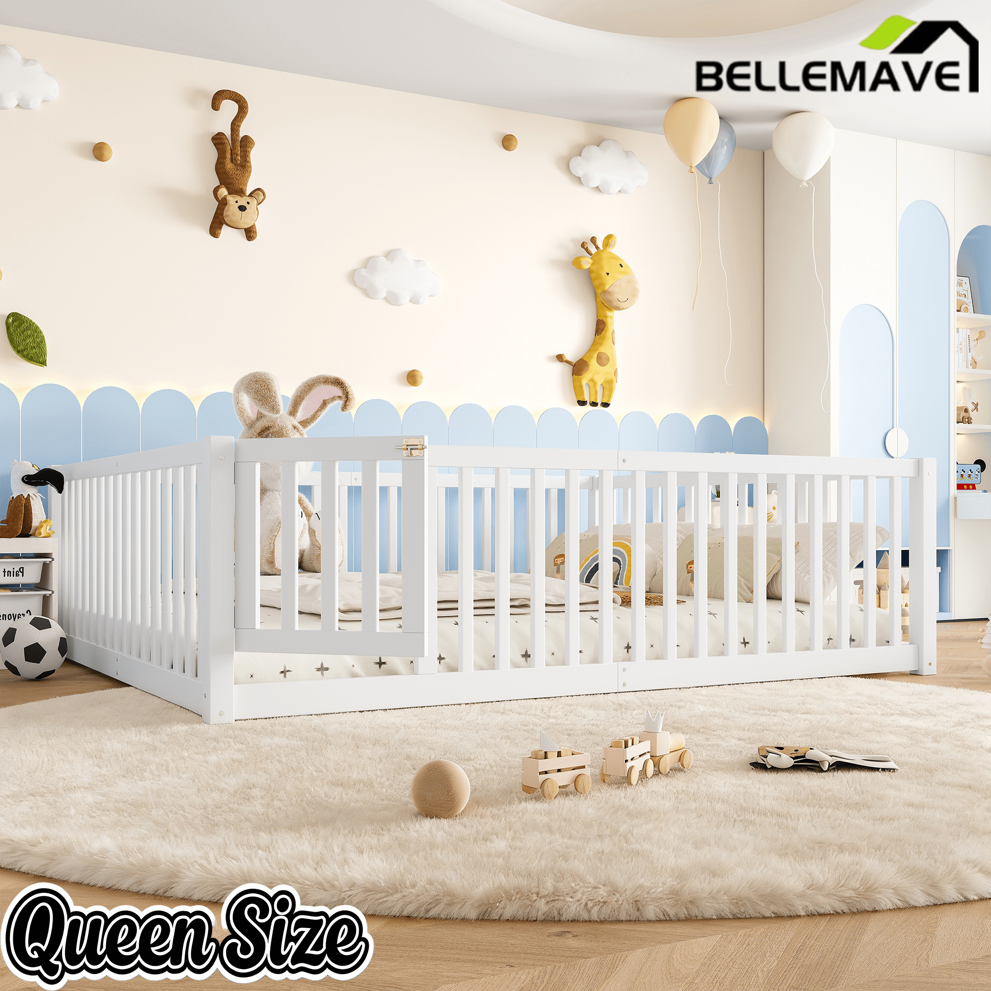 Bellemave® Queen Size Montessori Floor Bed, Pine,Plywood Floor Bed with Small Door, White - Bellemave