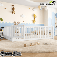 Bellemave® Queen Size Montessori Floor Bed, Pine,Plywood Floor Bed with Small Door, White - Bellemave
