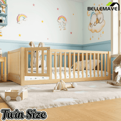 Bellemave® Queen Size Montessori Floor Bed, Pine,Plywood Floor Bed with Small Door, White - Bellemave