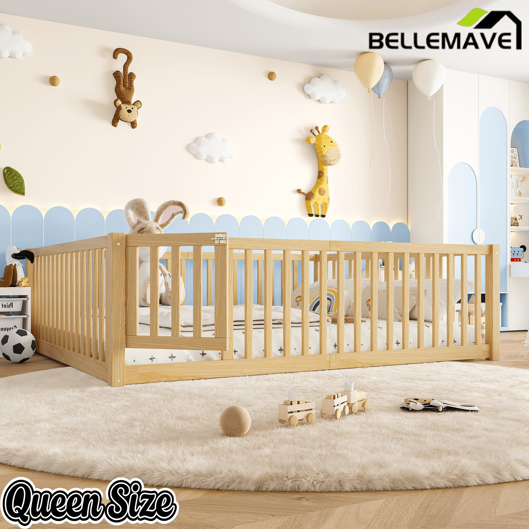 Bellemave® Queen Size Montessori Floor Bed, Pine,Plywood Floor Bed with Small Door, White - Bellemave