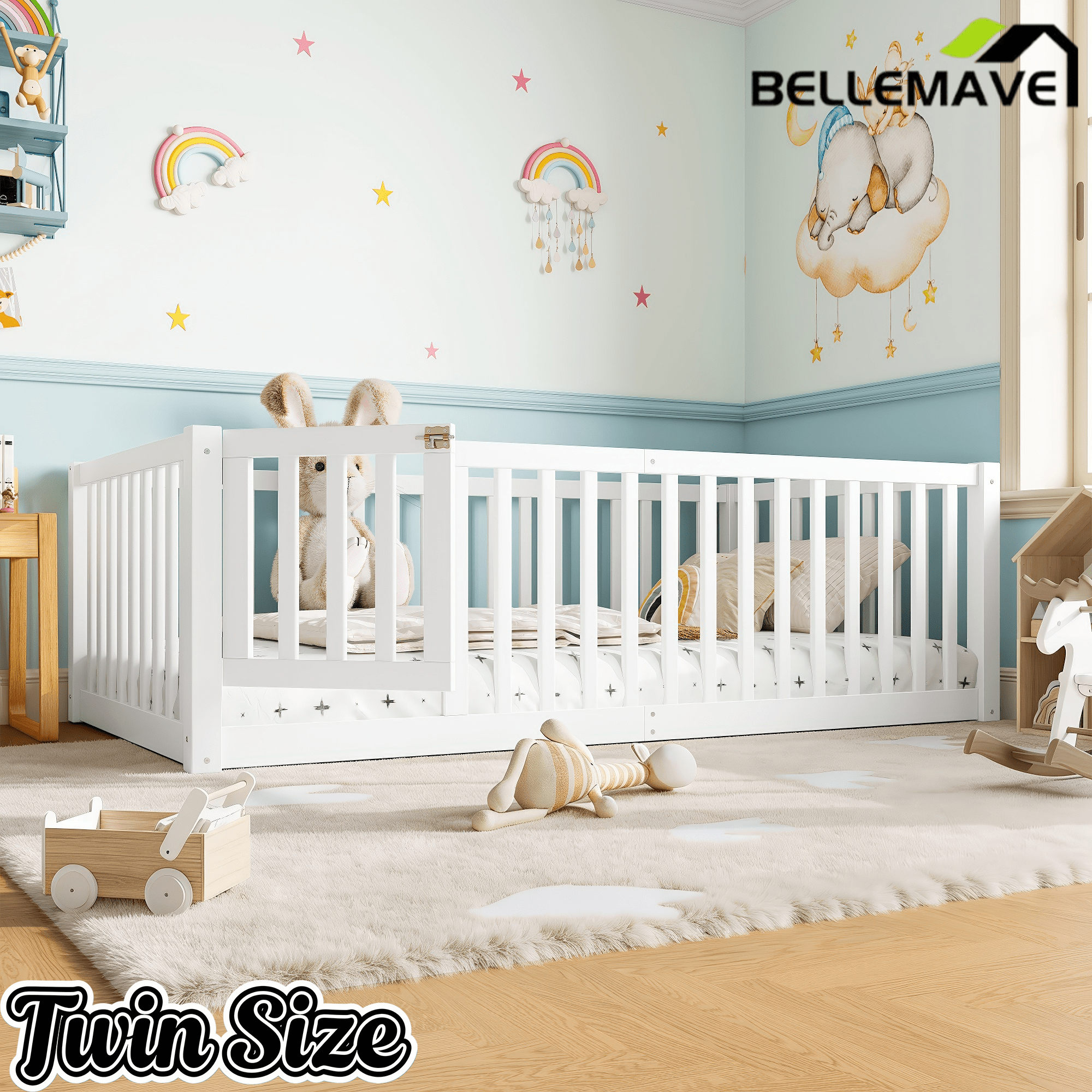 Bellemave® Queen Size Montessori Floor Bed, Pine,Plywood Floor Bed with Small Door, White - Bellemave