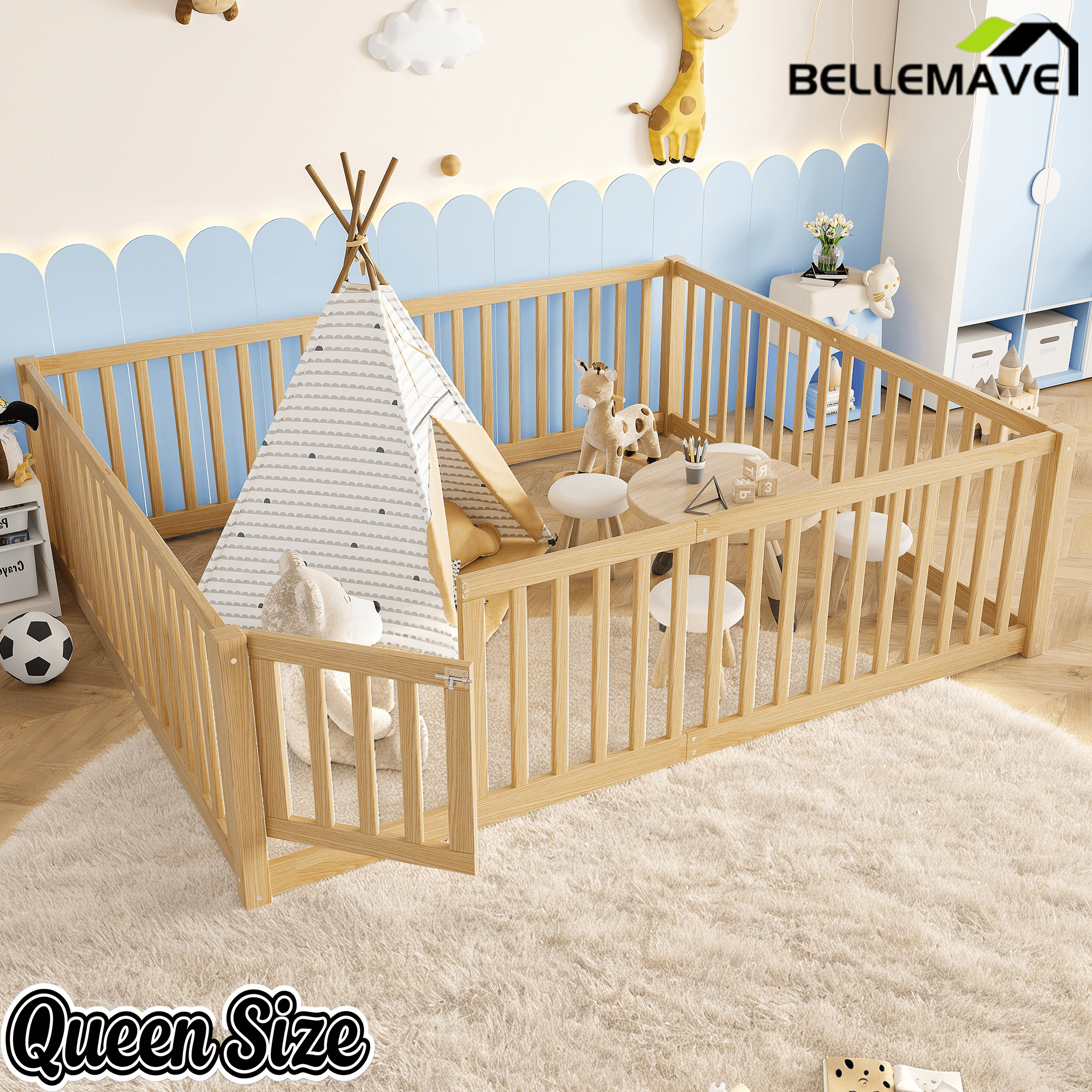 Bellemave® Queen Size Montessori Floor Bed, Pine,Plywood Floor Bed with Small Door, White - Bellemave