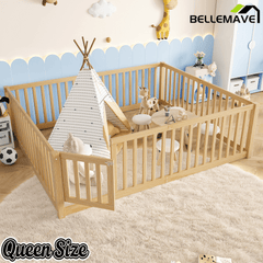 Bellemave® Queen Size Montessori Floor Bed, Pine,Plywood Floor Bed with Small Door, White - Bellemave