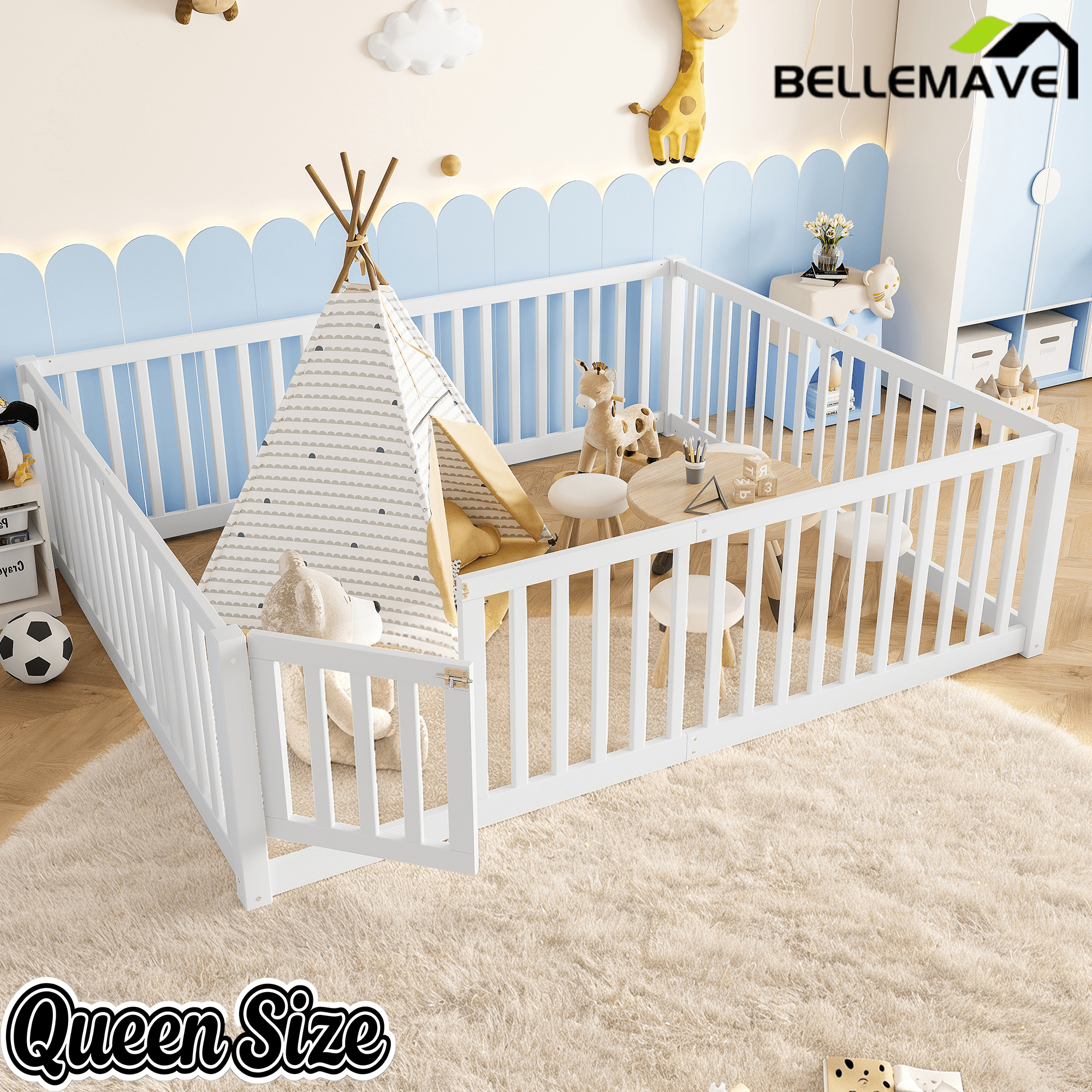 Bellemave® Queen Size Montessori Floor Bed, Pine,Plywood Floor Bed with Small Door, White - Bellemave