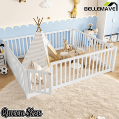 Bellemave® Queen Size Montessori Floor Bed, Pine,Plywood Floor Bed with Small Door, White - Bellemave