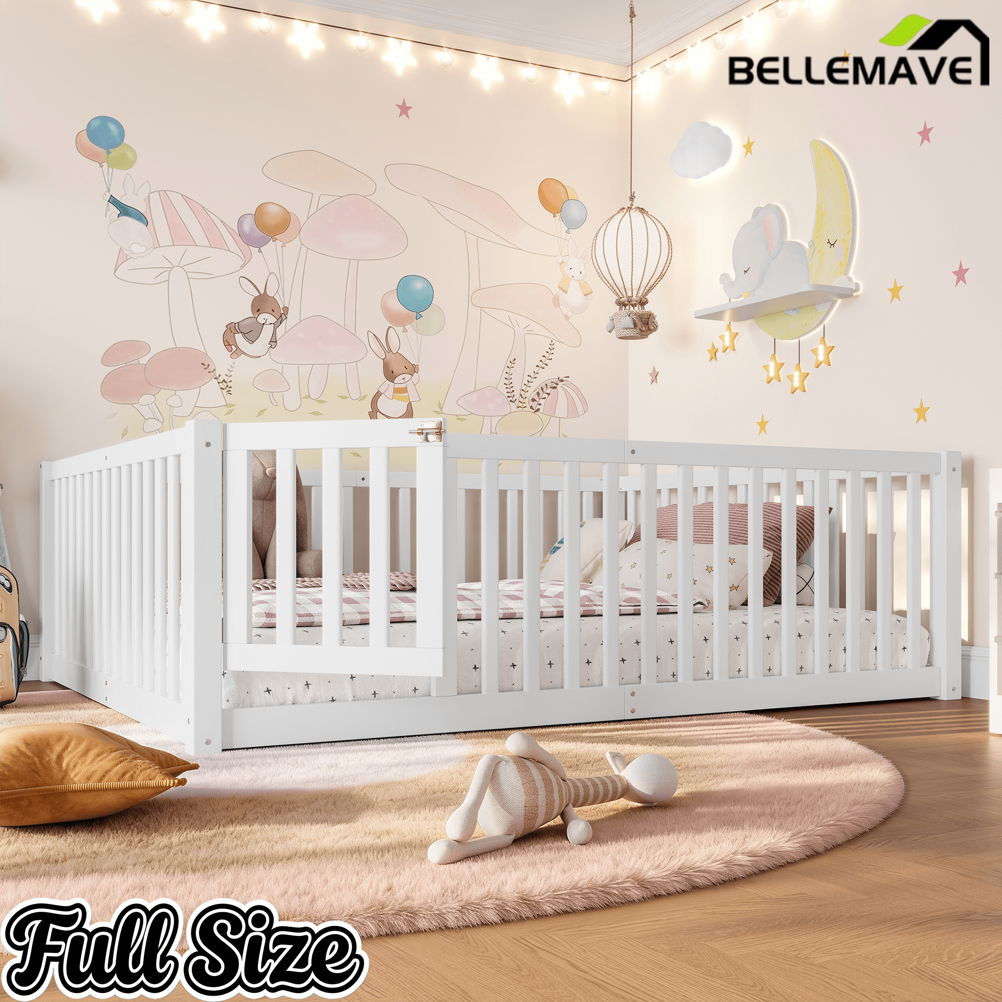 Bellemave® Queen Size Montessori Floor Bed, Pine,Plywood Floor Bed with Small Door, White - Bellemave