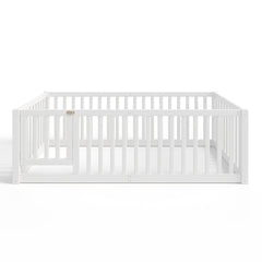 Bellemave® Queen Size Montessori Floor Bed, Pine,Plywood Floor Bed with Small Door, White - Bellemave