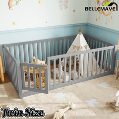 Bellemave® Queen Size Montessori Floor Bed, Pine,Plywood Floor Bed with Small Door, White - Bellemave