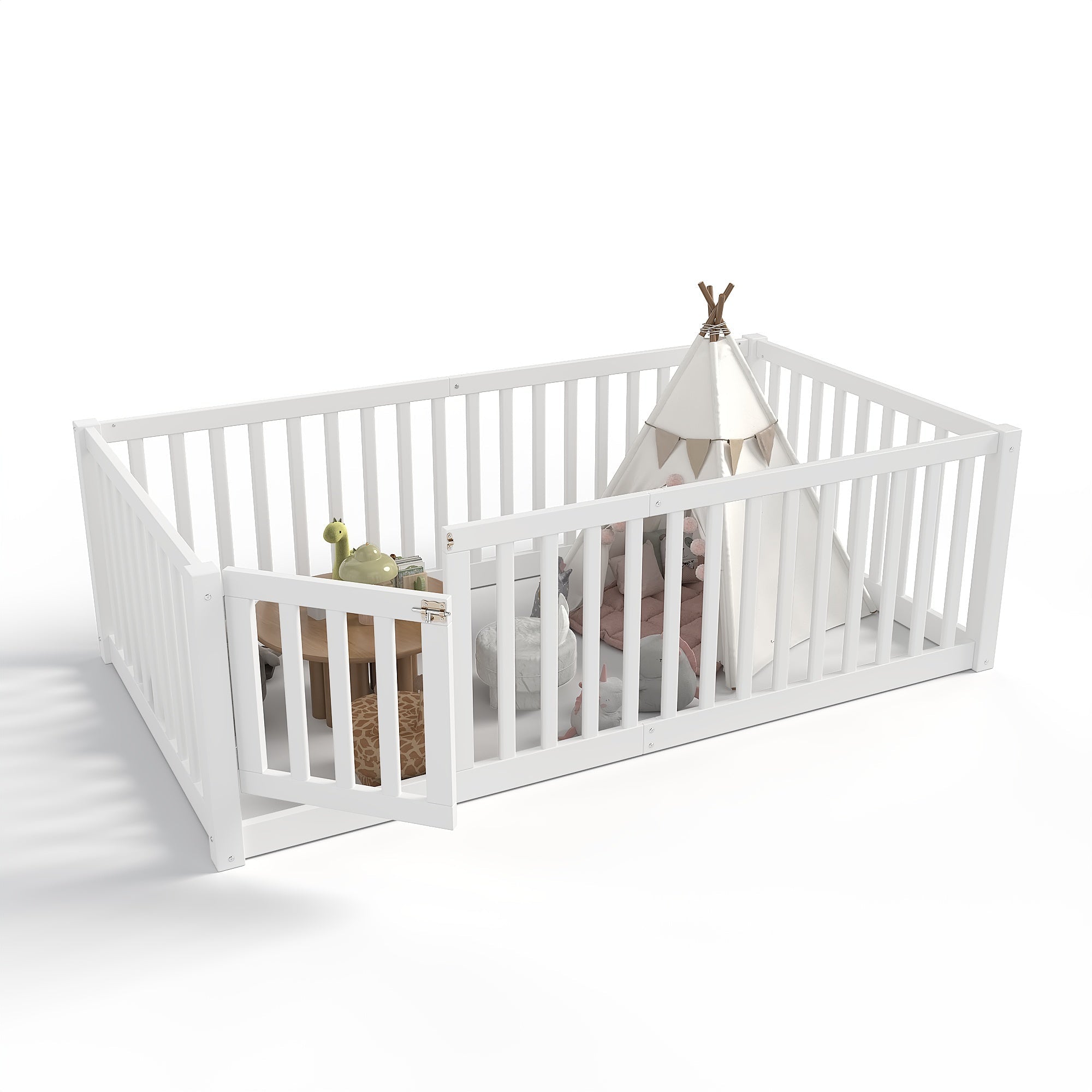 Bellemave® Queen Size Montessori Floor Bed, Pine,Plywood Floor Bed with Small Door, White - Bellemave