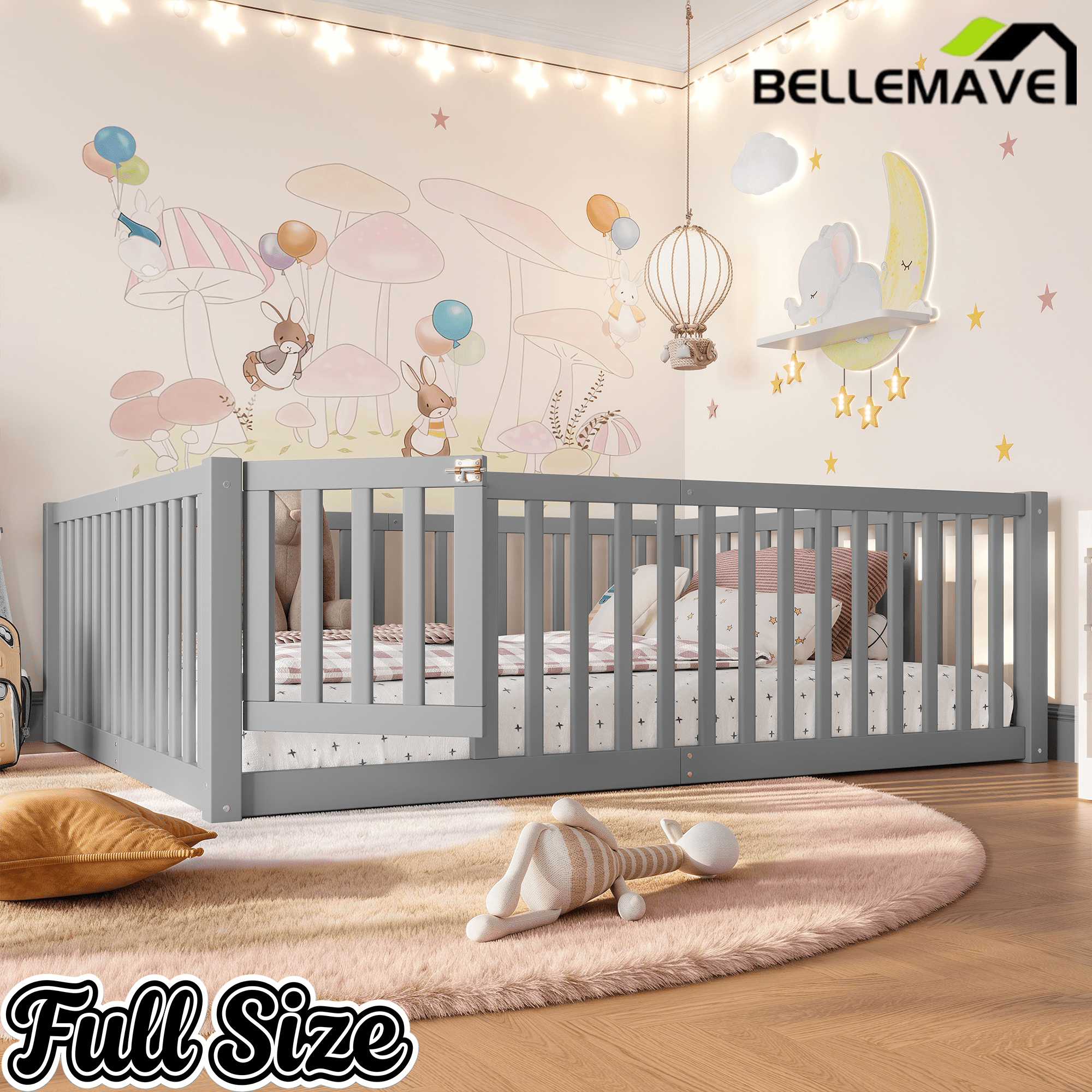 Bellemave® Queen Size Montessori Floor Bed, Pine,Plywood Floor Bed with Small Door, White - Bellemave