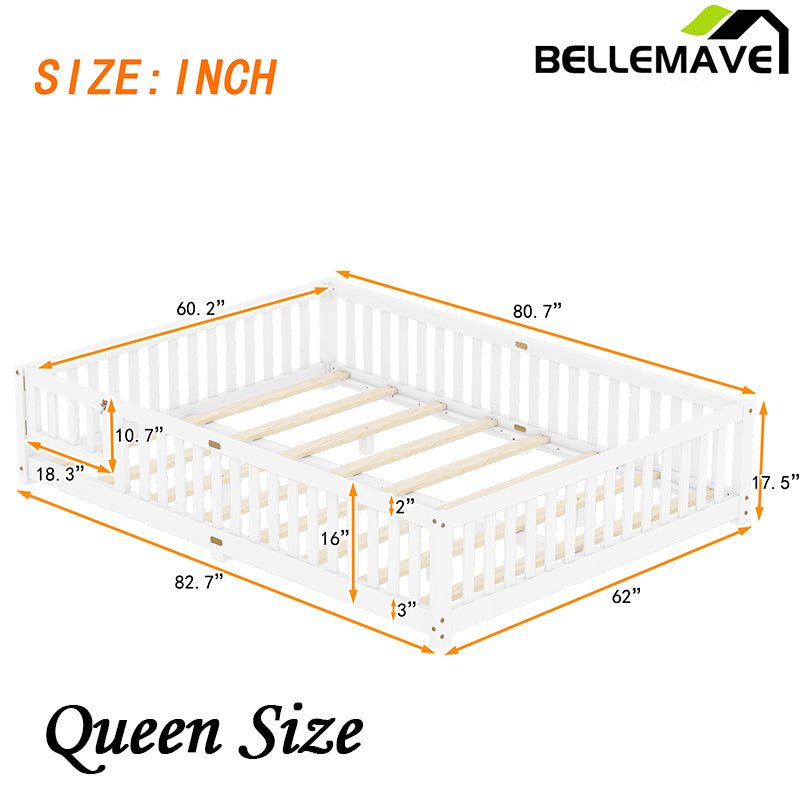 Bellemave® Queen Size Montessori Floor Bed with Safety Guardrails and Door - Bellemave