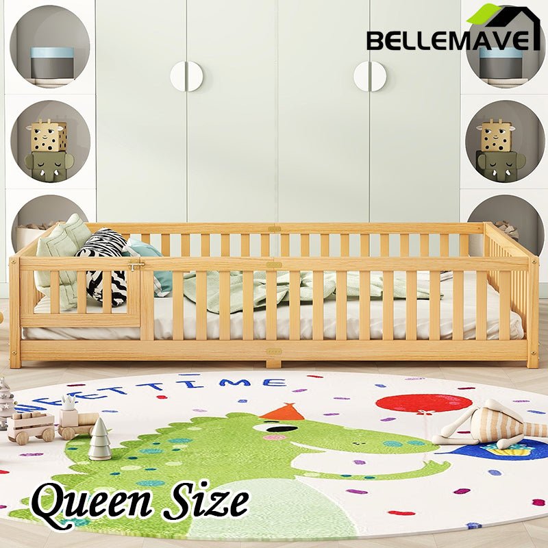 Bellemave® Queen Size Montessori Floor Bed with Safety Guardrails and Door - Bellemave
