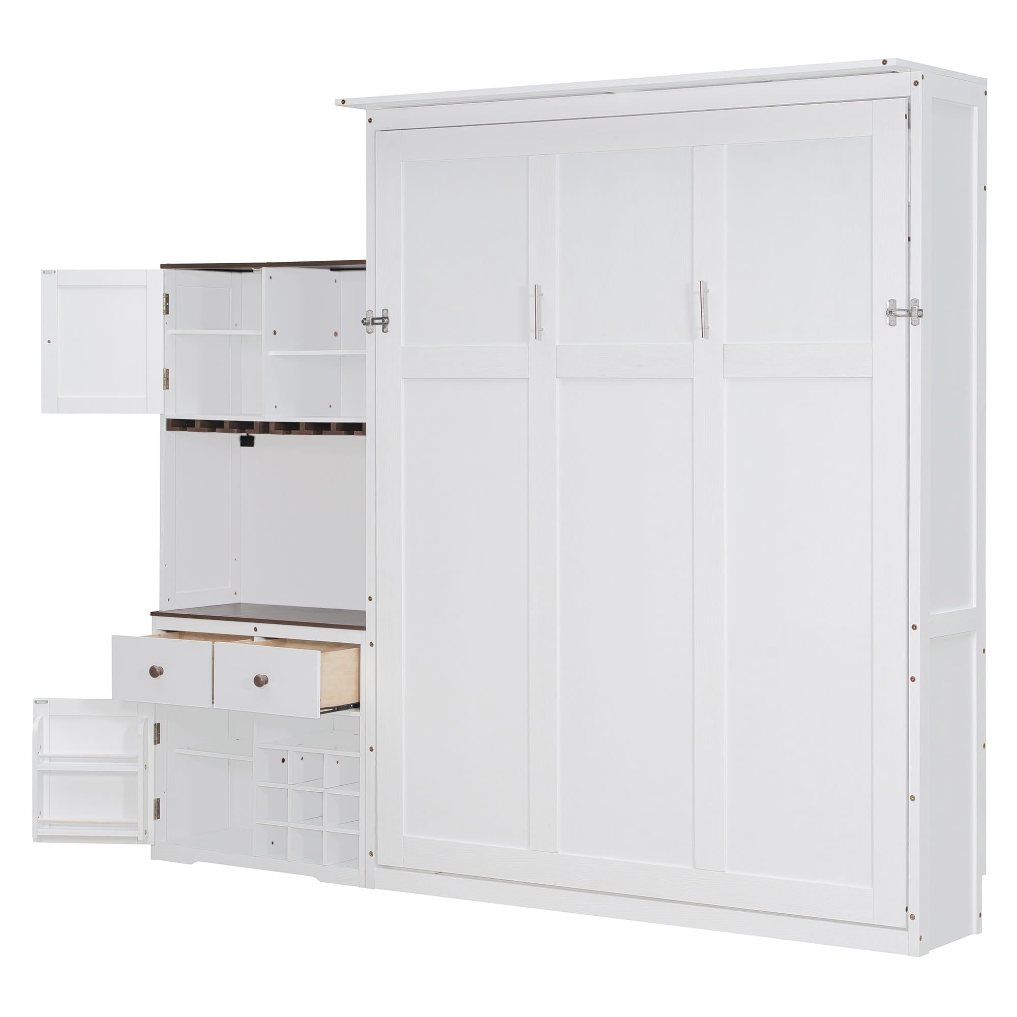 Bellemave® Queen Size Multifunction Murphy Bed with Storage Cabinet,Hideaway Beds with Wine Rack, Glass Holder, Drawers & Multi - Color LED Strip, White - Bellemave