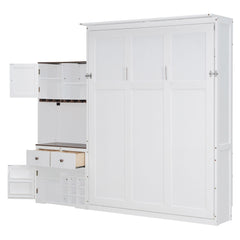Bellemave® Queen Size Multifunction Murphy Bed with Storage Cabinet,Hideaway Beds with Wine Rack, Glass Holder, Drawers & Multi - Color LED Strip, White - Bellemave