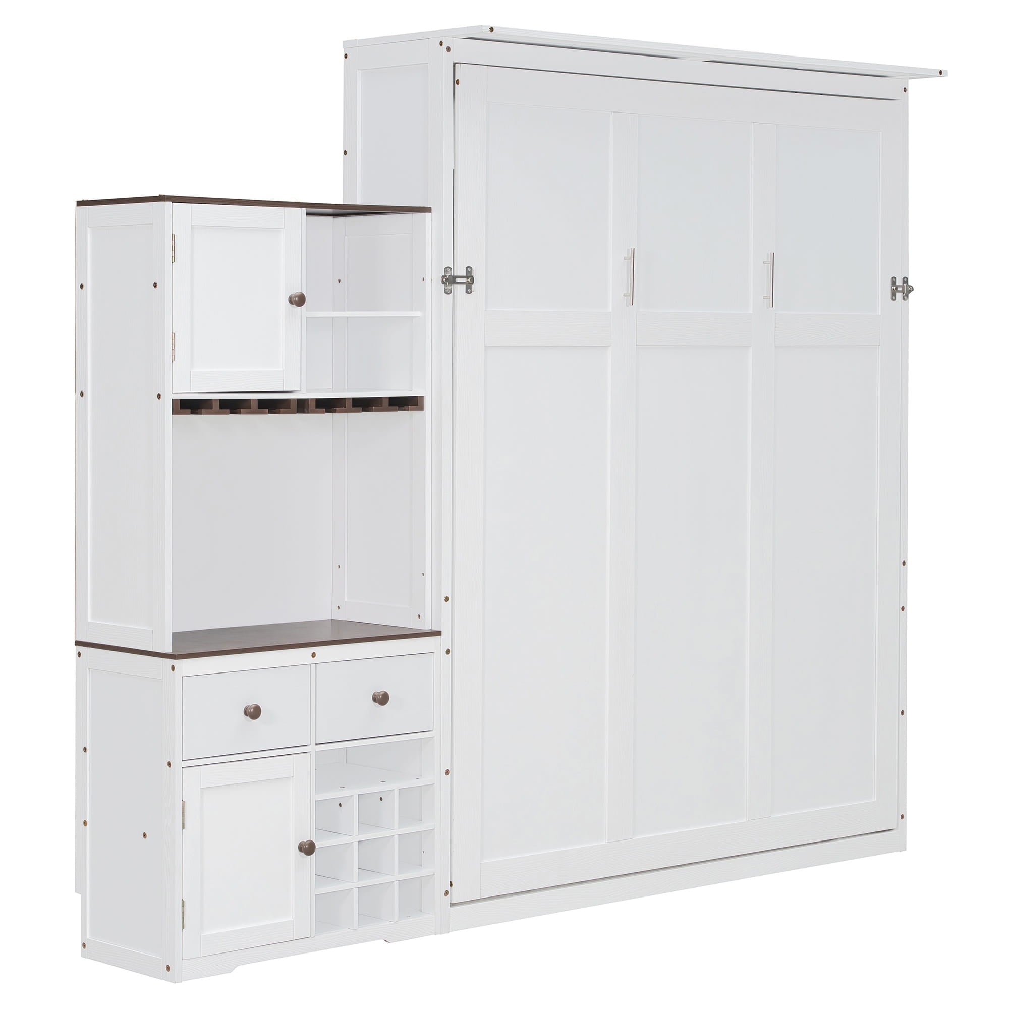 Bellemave® Queen Size Multifunction Murphy Bed with Storage Cabinet,Hideaway Beds with Wine Rack, Glass Holder, Drawers & Multi - Color LED Strip, White - Bellemave