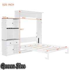 Bellemave® Queen Size Multifunction Murphy Bed with Storage Cabinet,Hideaway Beds with Wine Rack, Glass Holder, Drawers & Multi - Color LED Strip, White - Bellemave