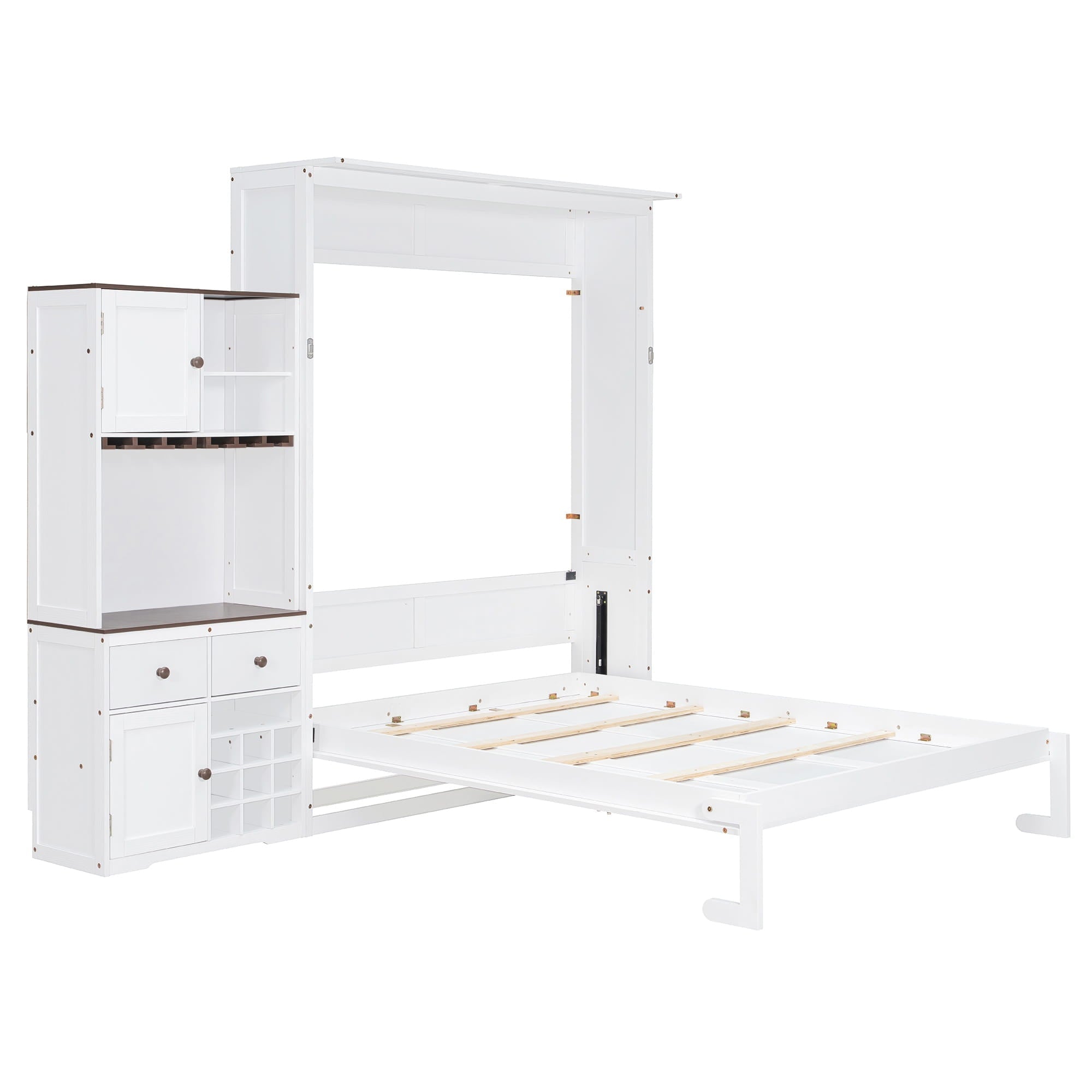 Bellemave® Queen Size Multifunction Murphy Bed with Storage Cabinet,Hideaway Beds with Wine Rack, Glass Holder, Drawers & Multi - Color LED Strip, White - Bellemave