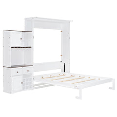 Bellemave® Queen Size Multifunction Murphy Bed with Storage Cabinet,Hideaway Beds with Wine Rack, Glass Holder, Drawers & Multi - Color LED Strip, White - Bellemave